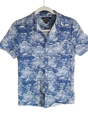 Marc Anthony Blue & White Wave Print Short Sleeve Button Shirt